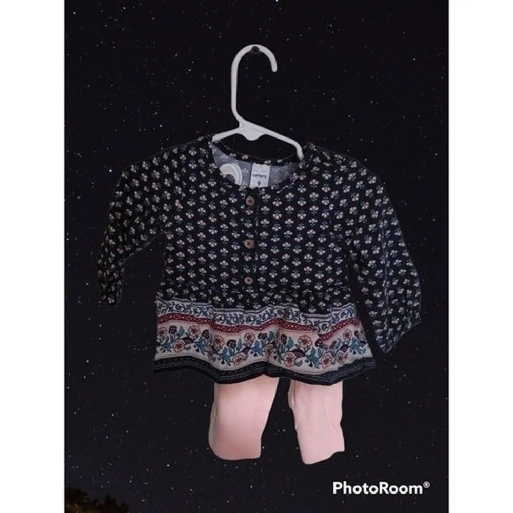 Girl's Carter's 2Pc Navy Shirt‎ & Pink Pants Size 9Mo (E75)